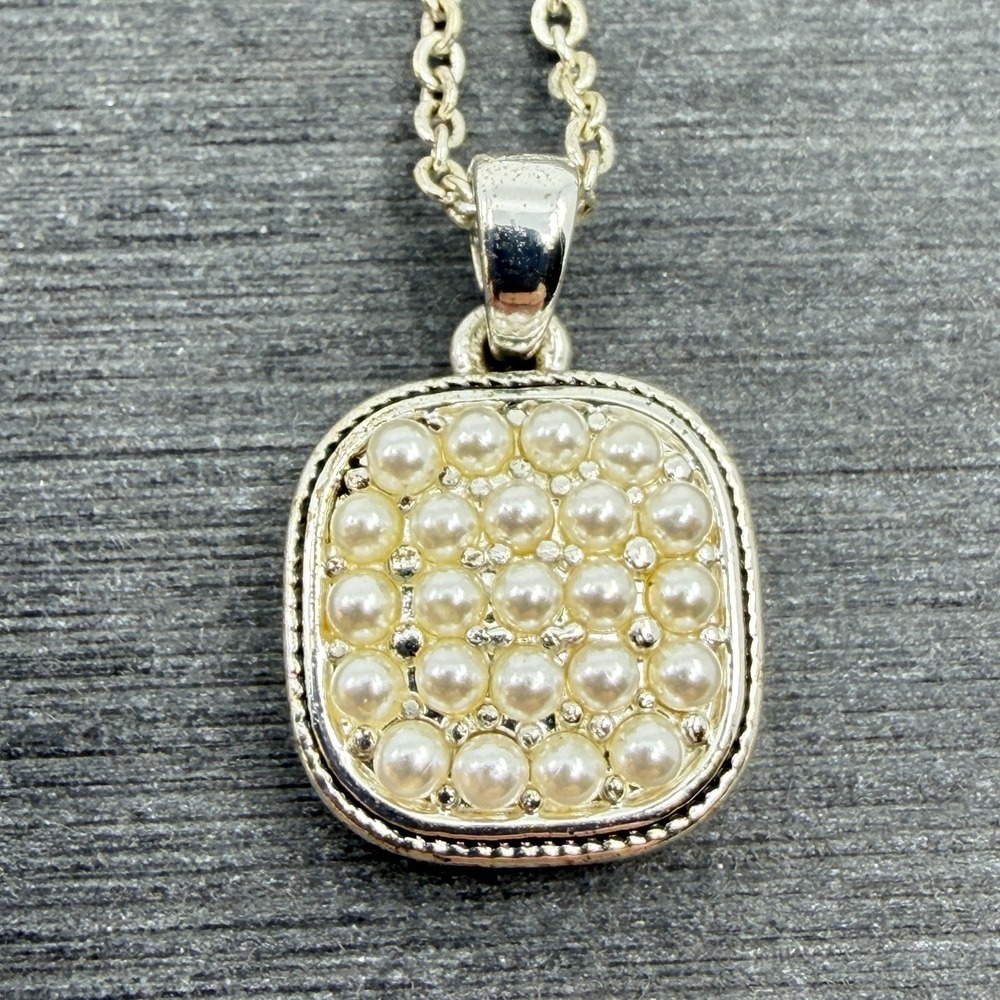 Silver Tone Square Faux Pearl Cluster Pendant Necklace Dainty Chain Minimalist